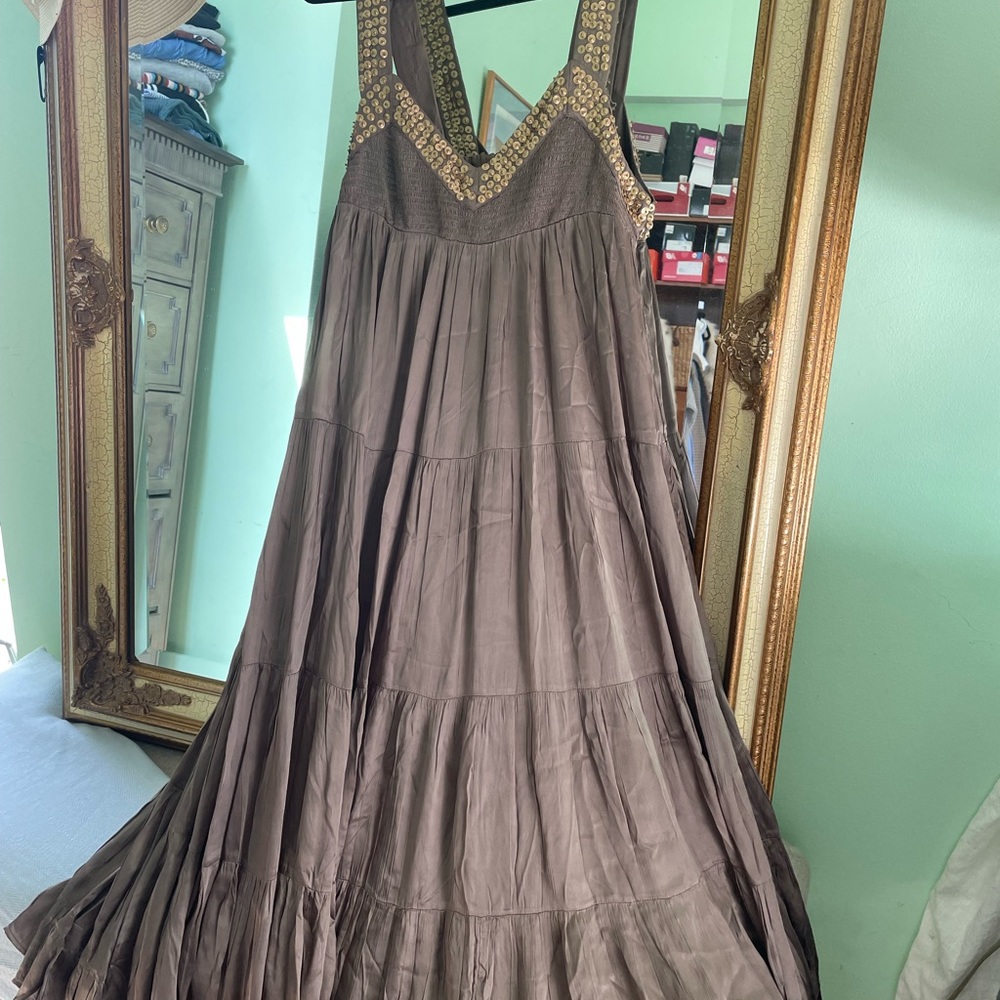 Free People Brown Bohemian Maxi Dress with Gold Embellished V-Neck